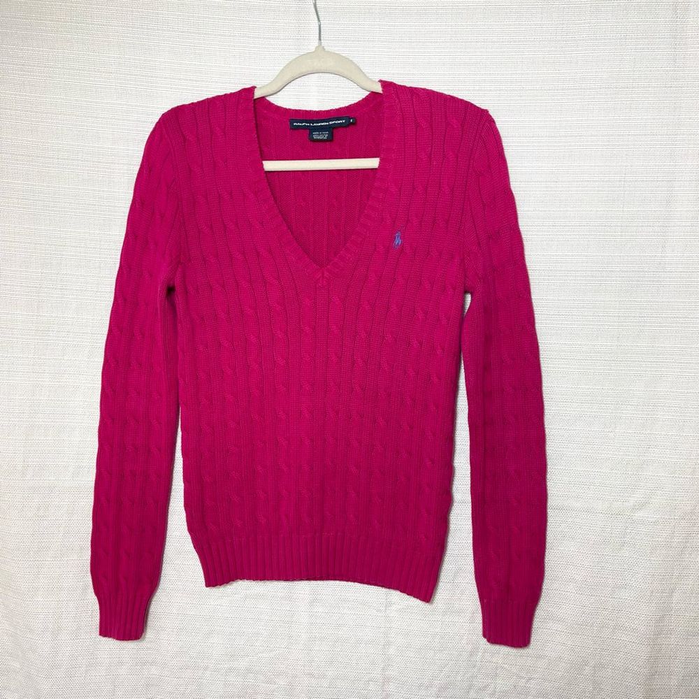Ralph Lauren Sport Pink  Cable Knit V-neck Long Sleeve Sweater Sz M